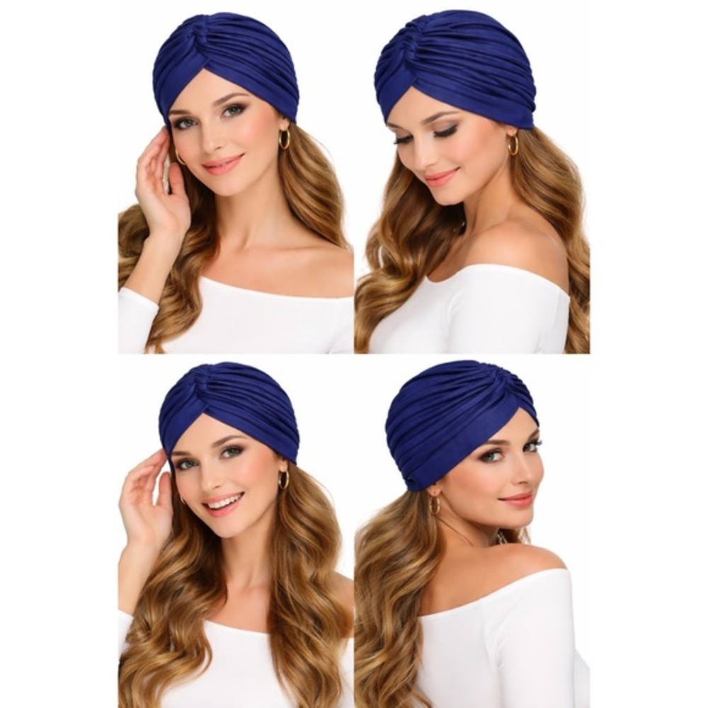 Navy Blue Pleated Turban Hat Knotted Front Stretch‎ Headwrap Fashion Boho J-01